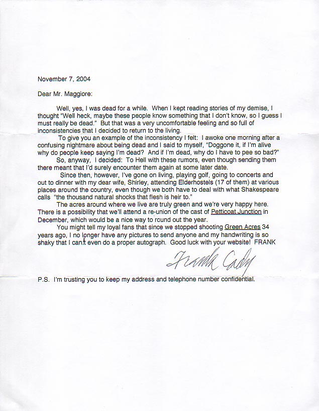 A personal letter from Frank Cady (Mr. Drucker) to yours truly