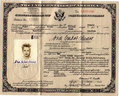 Eva Gabor's Naturalization Papers