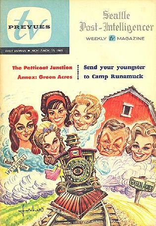 Oliver, Lisa, and the Petticoat Junction crew on the cover of TV Channels Magazine