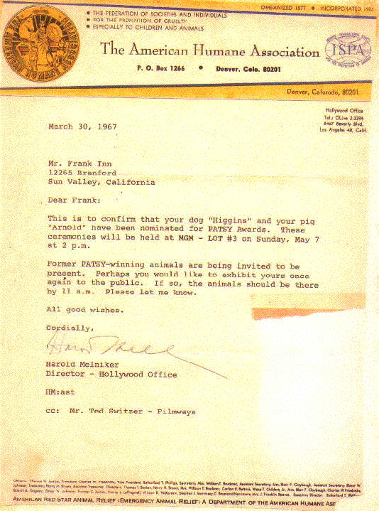 Patsy Award Letter to Frank Inn